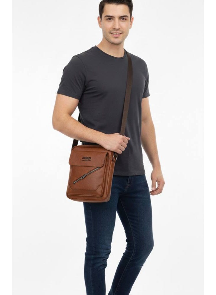 Jeep Men’s Brown Leather Crossbody Bag with Front Flap and Zipper Pocket - Image 2